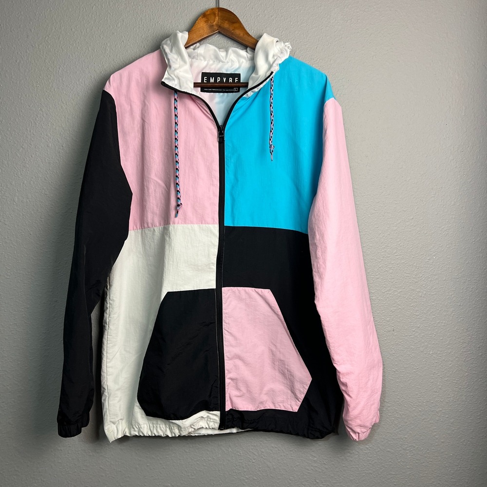Empyre 90s Y2K Color Block Windbreaker Jacket Large Lightweight Hooded Pink Blue